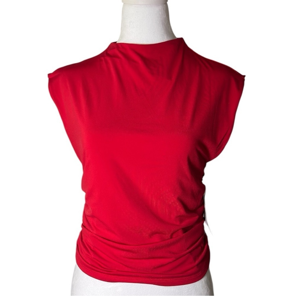 Dkny Jeans stretch Red Ruched Sleeveless top fully lined  Sz Medium